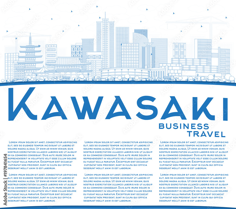 Outline Kawasaki Japan City Skyline with Blue Buildings and Copy Space.