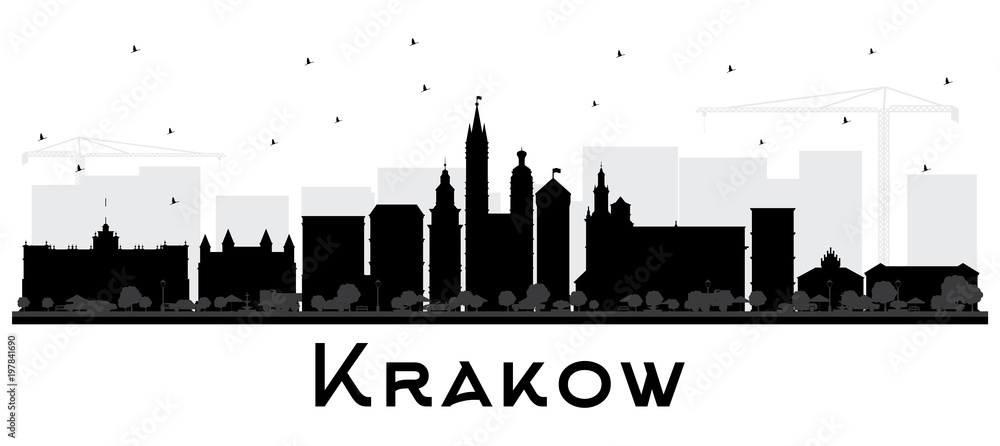 Krakow Poland City Skyline Silhouette with Black Buildings Isolated on White.