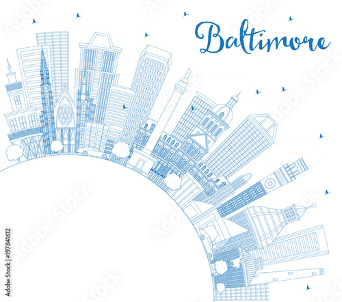 Outline Baltimore Maryland USA City Skyline with Blue Buildings and Copy Space.