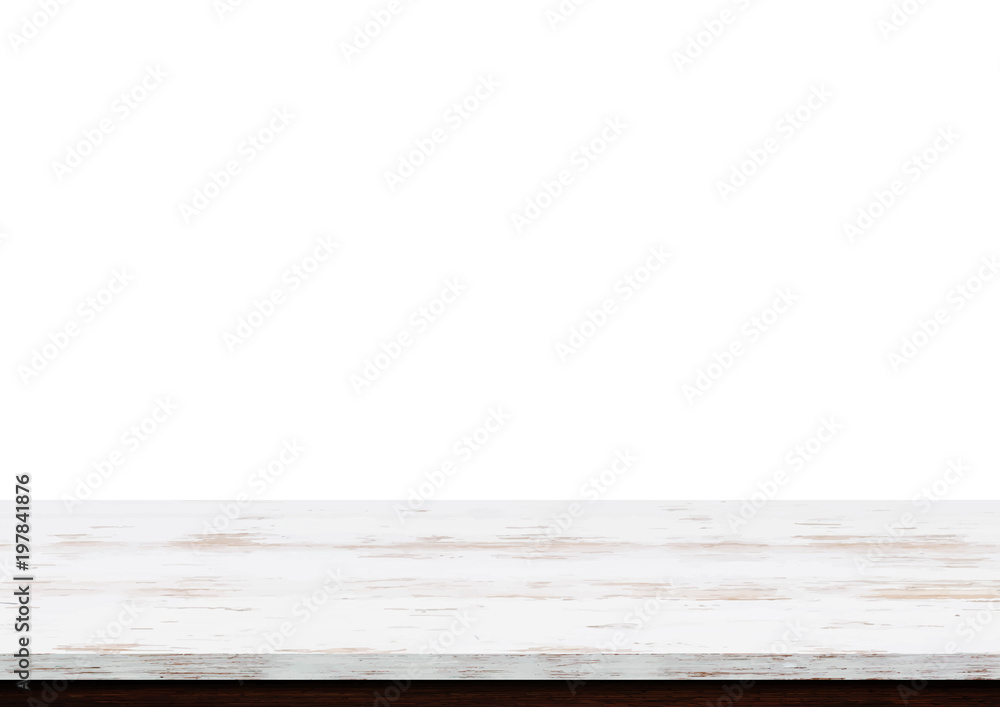Empty white wood table top isolated on white background, Used for display or montage your products Empty white wood table top isolated on white background, Used for display or montage your products