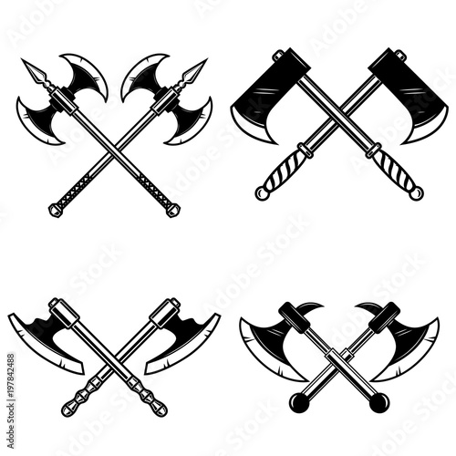 Set of crossed medieval axe isolated on white background. Design element for logo, label, emblem, sign.