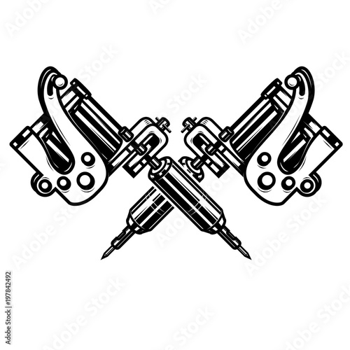 Crossed tattoo machines isolated on  white background. Design element for poster, emblem, sign, badge.