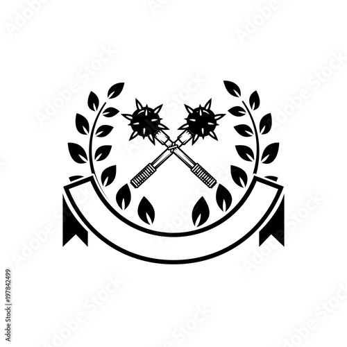 Emblem template with crossed maces. Design element for logo, label, emblem, sign.