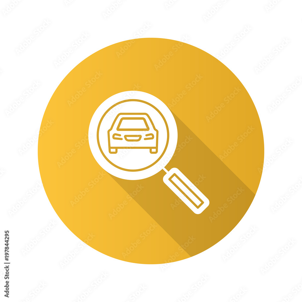Magnifying glass with car flat design long shadow glyph icon Magnifying glass with car flat design long shadow glyph icon
