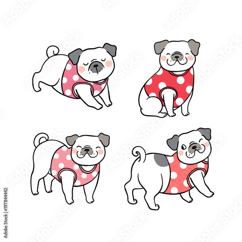 Vector illustration set character design cute pug dog Doodle style