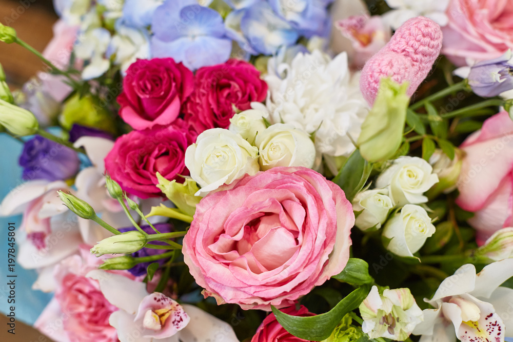 Fototapeta premium Beautiful spring flowers in soft pink and light blue colours.