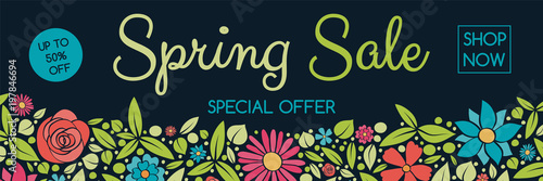 Spring Sale - colorful banner with flowers. Vector.