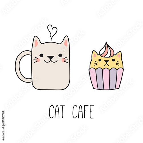Hand drawn vector illustration of a kawaii funny steaming mug cup, cupcake with cat ears. Isolated objects on white background. Line drawing. Design concept for cat cafe, children print.
