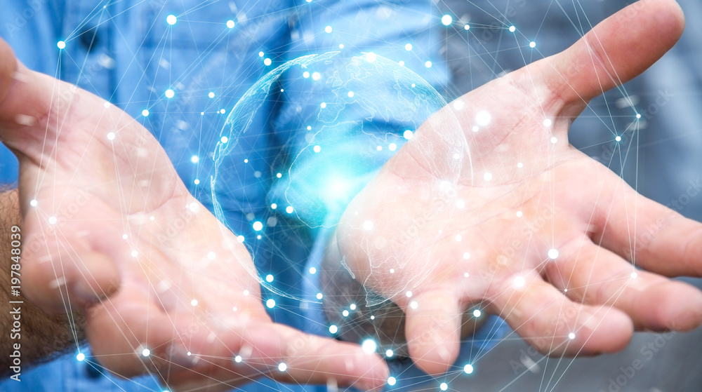 Businessman using planet earth network sphere 3D rendering Businessman using planet earth network sphere 3D rendering