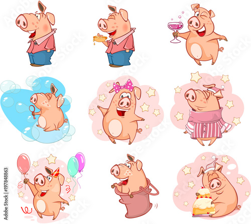 Set of Cartoon Illustration. Cute Pigs in Different Poses for you Design. Cartoon Character