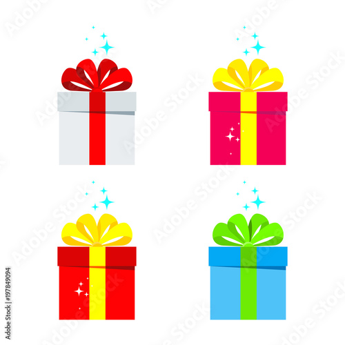 Set of color birthday gift icon. Flat vector cartoon illustration. Objects isolated on white background.