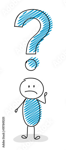 Cartoon stickman with question mark symbol - confused facial expression. Vector.