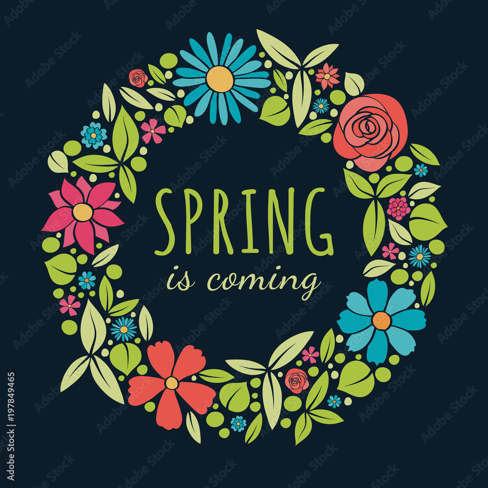 Spring is coming - flyer with colorful flowers. Vector.