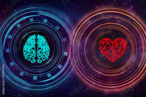 Heart and brain. Digital interface. Starry sky in the background