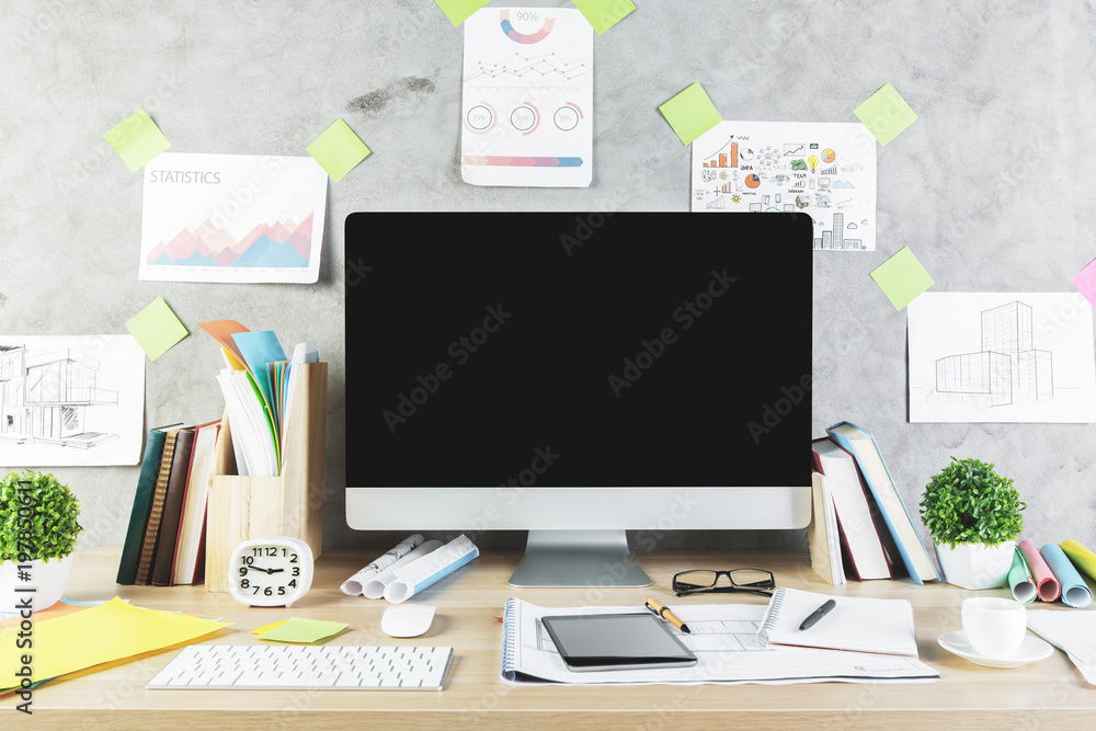 Creative tabletop with empty computer Creative tabletop with empty computer