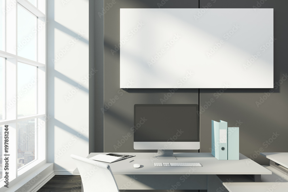 Empty computer in office with banner Empty computer in office with banner