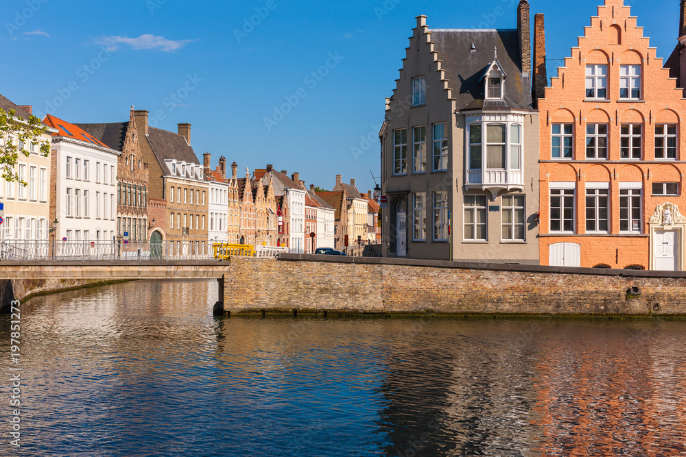 Cityscape at intersection of two canals, Bruges, Brugge, Belgium