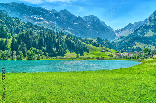 Landscape of the mountain lake and the Swiss Alps. Engelberg Resort