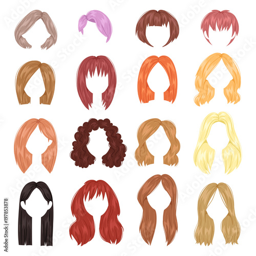 Hairstyle woman vector female haircut on short or long hair and wigs illustration hairdressing or haircutting with coloration isolated on white background