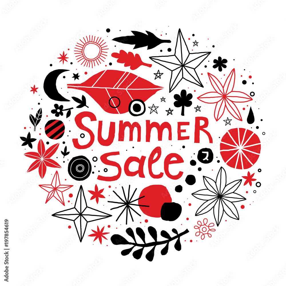 Summer sale template with flowers and abstract hand drawn elements. Useful for advertising, graphic design, invitations, cards and posters. Summer sale template with flowers and abstract hand drawn elements. Useful for advertising, graphic design, invitations, cards and posters.