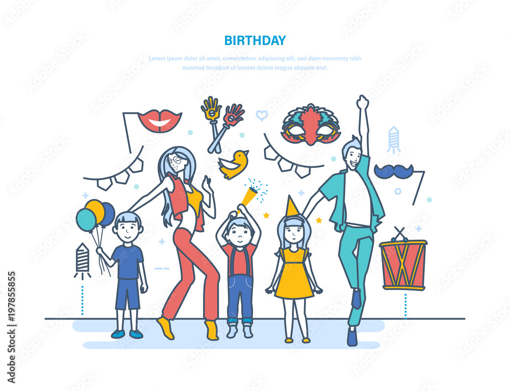 Adults and children cartoon characters celebrate the event with birthday.