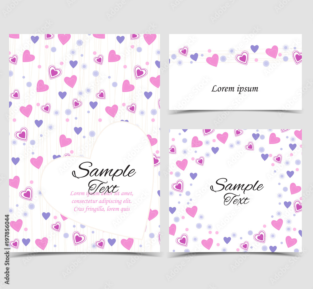 Vector illustration decoration of hearts. Background with pink heart. Set of greeting cards