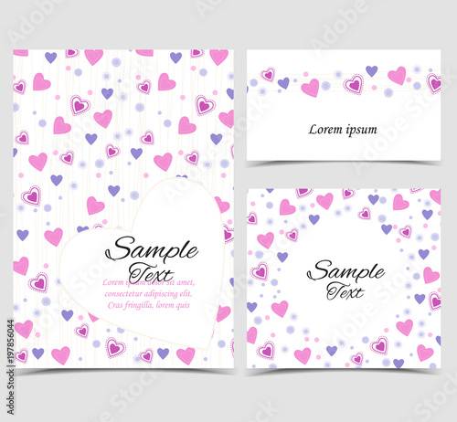 Vector illustration decoration of hearts. Background with pink heart. Set of greeting cards