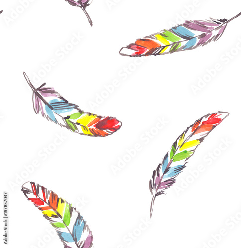 Seamless pattern with brightly colored rainbow feathers painted in watercolor on white isolated background