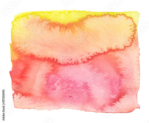 Bright yellow, orange and pink rectangular backdrop painted in watercolor on clean white background