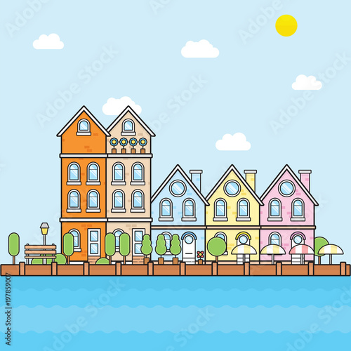 City and building near harbour with linear flat design