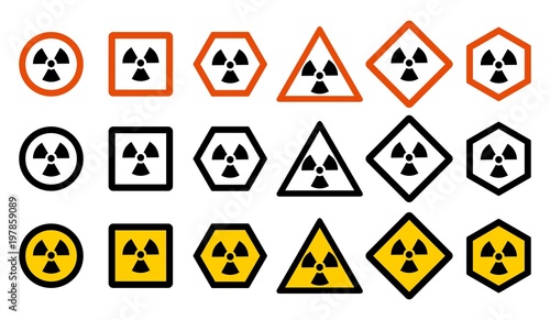 Industry concept. Set of different radiation hazard signs for your web site design, logo, app, UI. Radioactive nuclear symbol isolated on white background. Radioactivity. Dangerous area Icons.