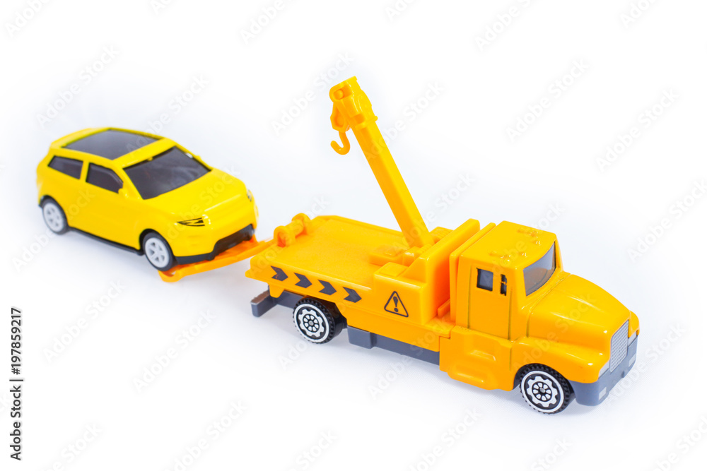 Toy trucks for kids towing vehicle yellow isolate on white background 