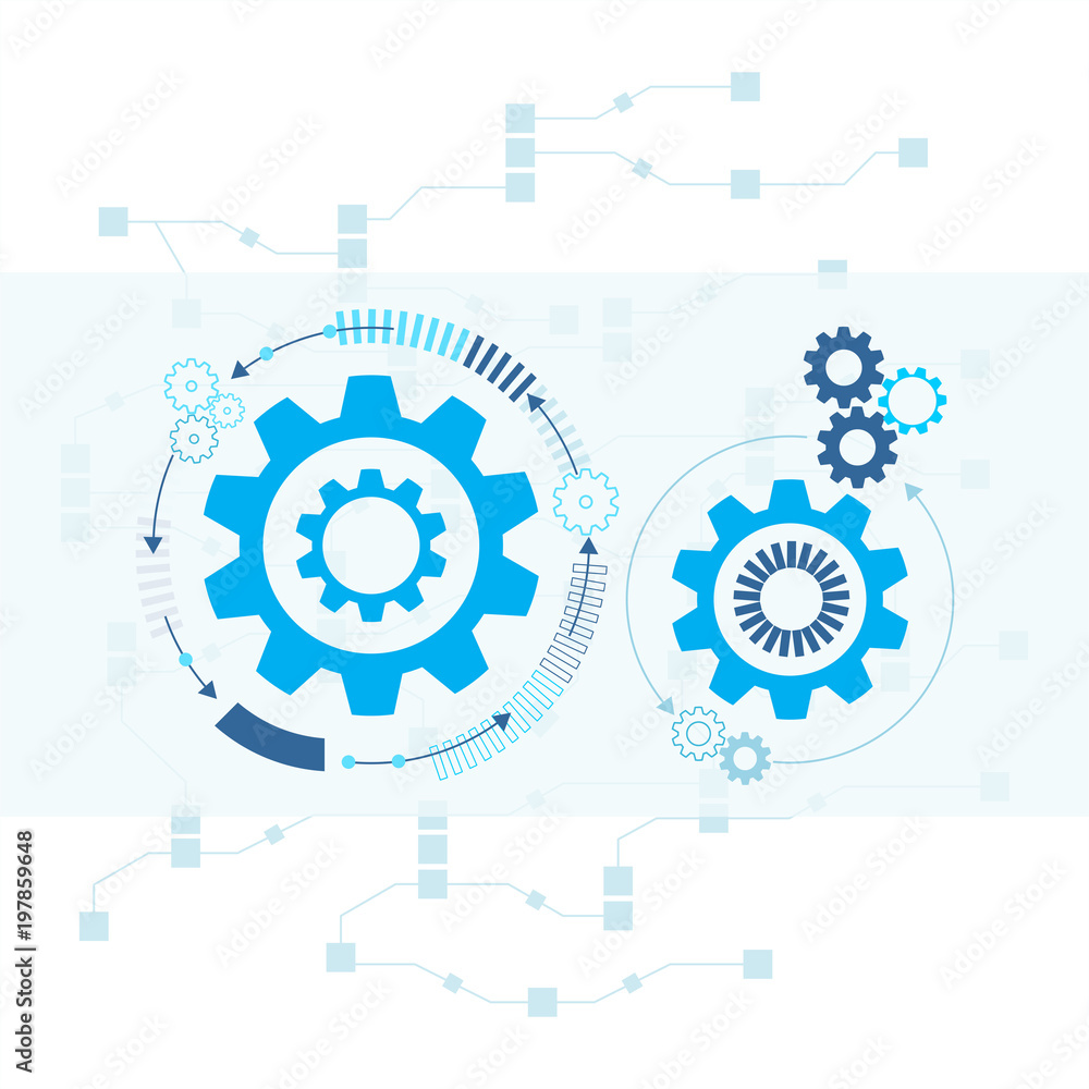 Abstract futuristic on light blue color background. Vector illustration gear wheel, hexagons and circuit board, Hi-tech digital technology and engineering. Digital telecom technology concept. 