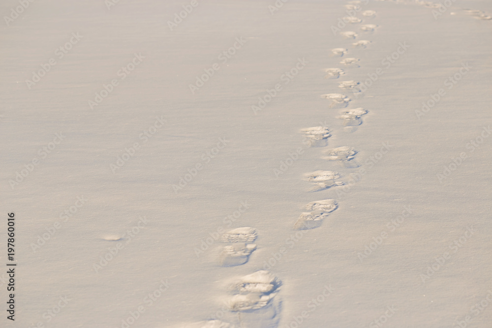 Footprints in the snow in the golden hour. Footprints in the snow in the golden hour.
