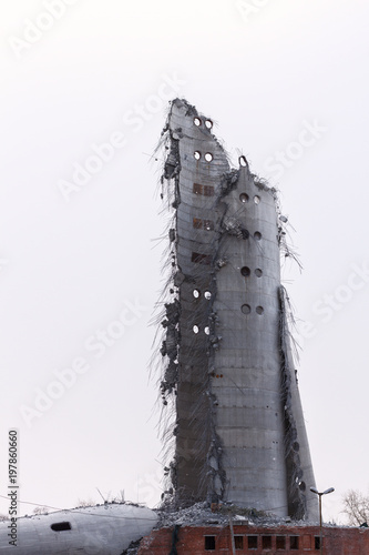 Demolition of abandoned television tower in Ekaterinburg in 24th of March 2018. remains of the destroyed tower