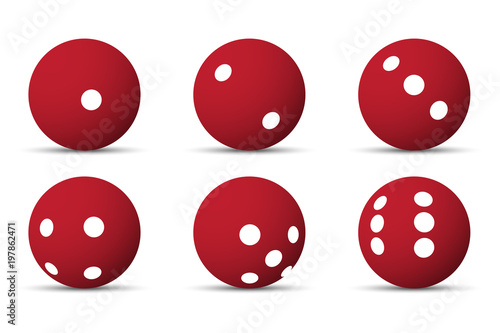 Set of 6 red sphere dices with white dots