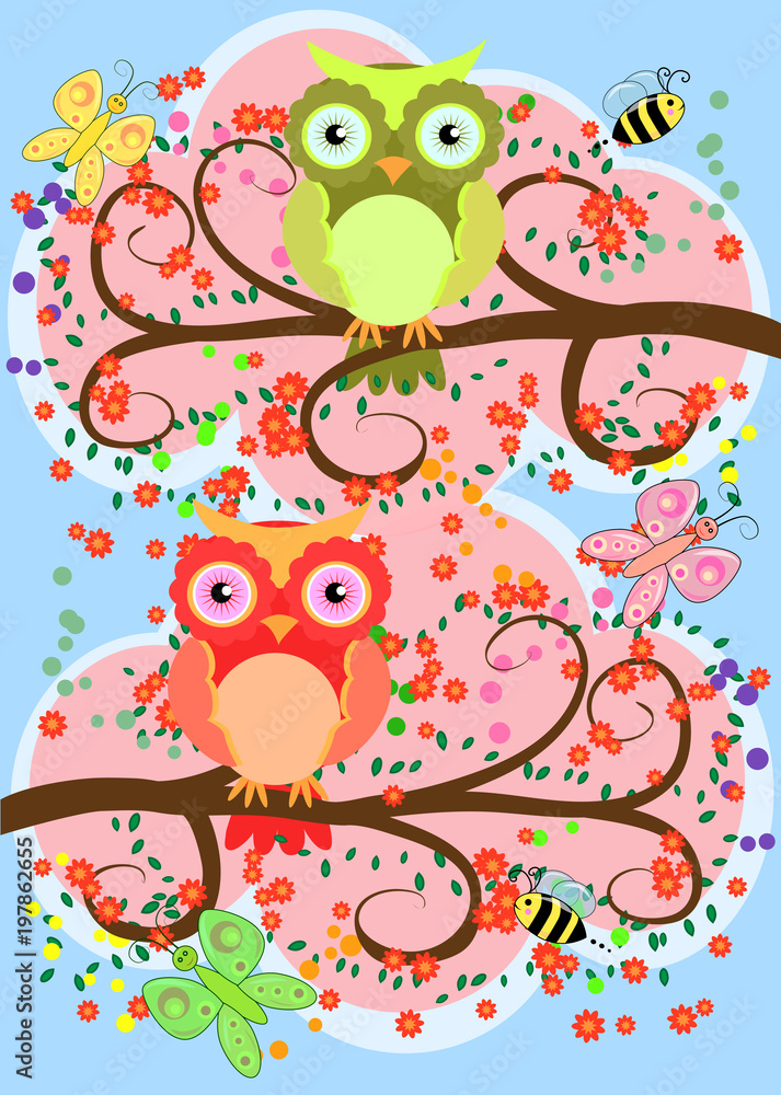 Obraz premium Bright, cartoonish, flirtatious, loving owls on the flowering branches of a tree. Spring, summer, girlfriends