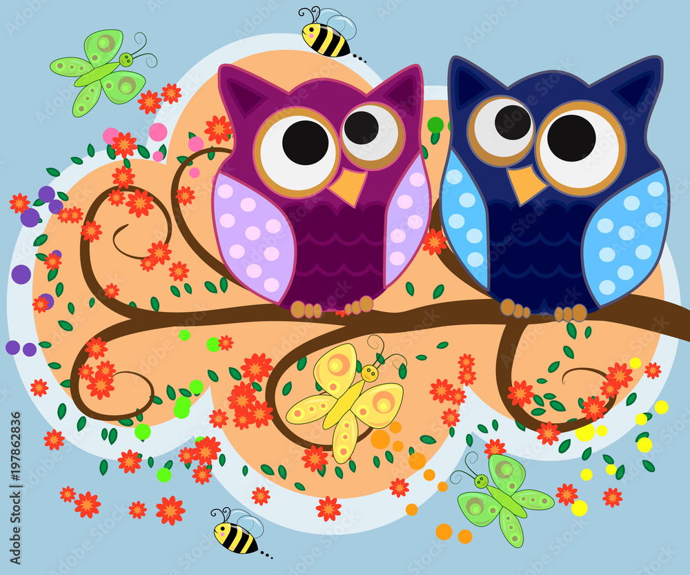 Obraz premium Bright, cartoonish, flirtatious, loving owls on the flowering branches of a tree. Spring, summer, girlfriends