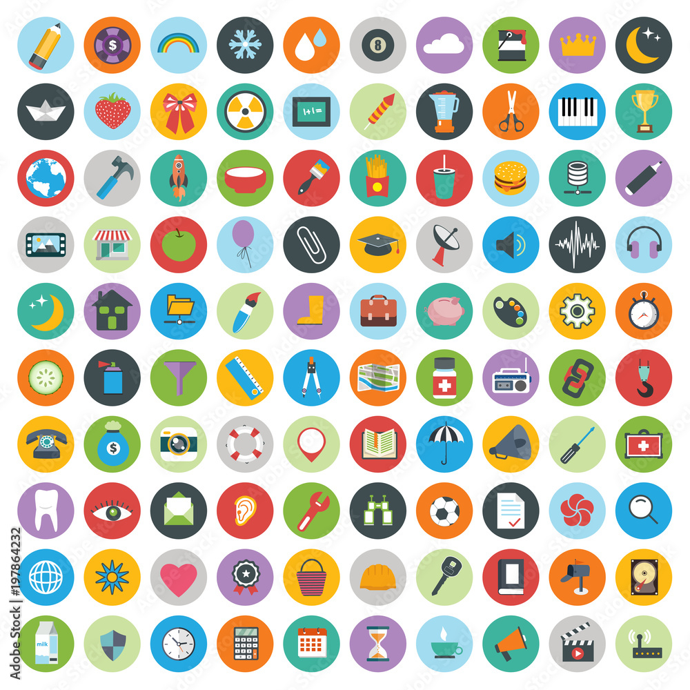 Vetor de Flat icons design modern vector illustration. Big set of web and  technology development icons, business management symbol, marketing items  and other various objects on background. do Stock