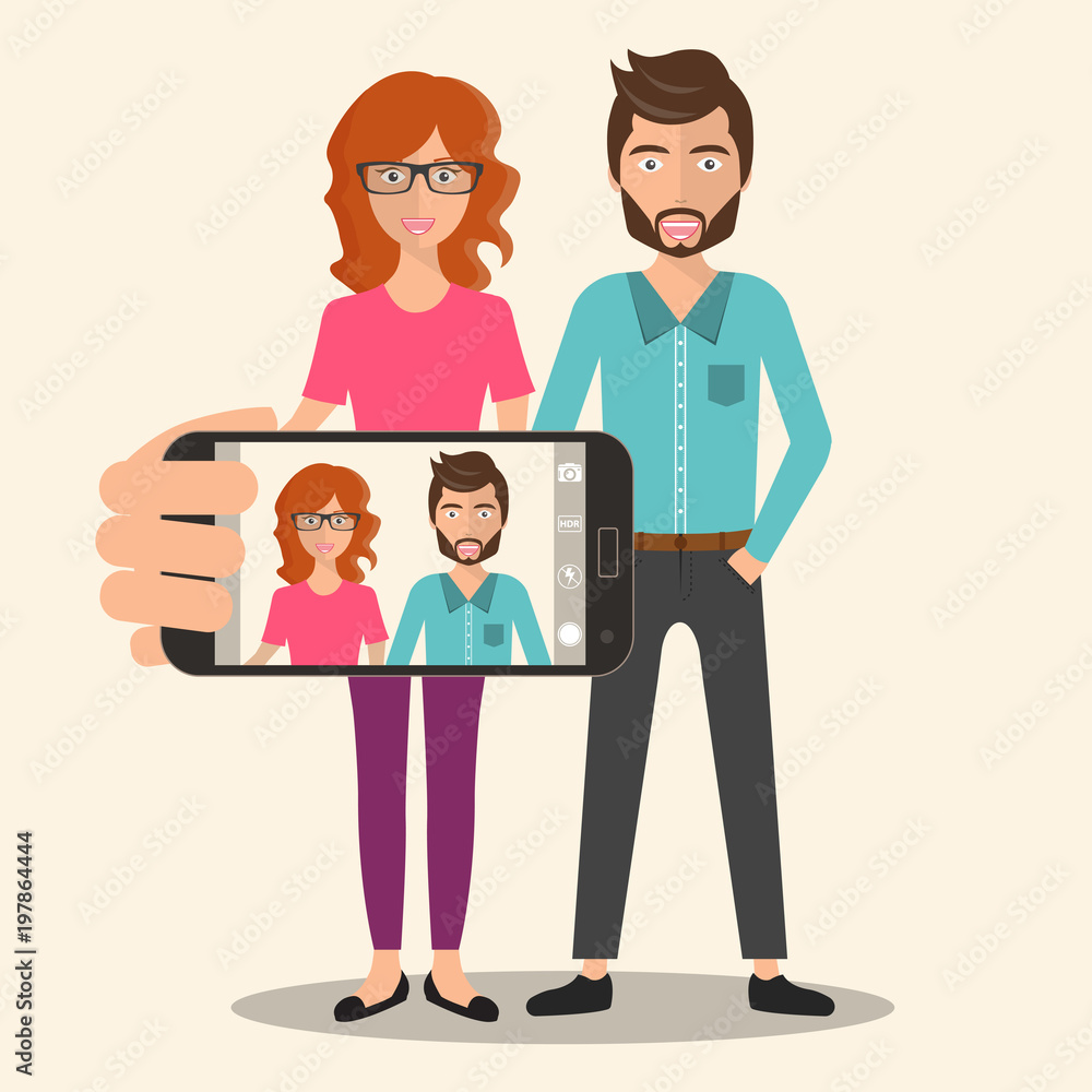 Girl and boy taking self photo. Social media network concept. Selfie concept. Flat vector illustration. Girl and boy taking self photo. Social media network concept. Selfie concept. Flat vector illustration.