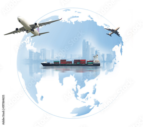 Transportation, import-export and logistics concept, container truck, ship in port and freight cargo plane in commercial logistic, shipping business industry