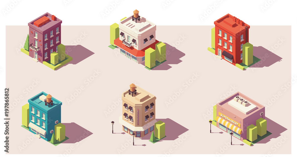 Vector low poly isometric buildings set
