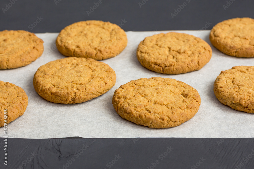 homemade baking. oatmeal sugar cookies on parchment paper. homemade baking. oatmeal sugar cookies on parchment paper.