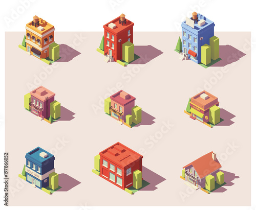 Vector low poly isometric buildings set