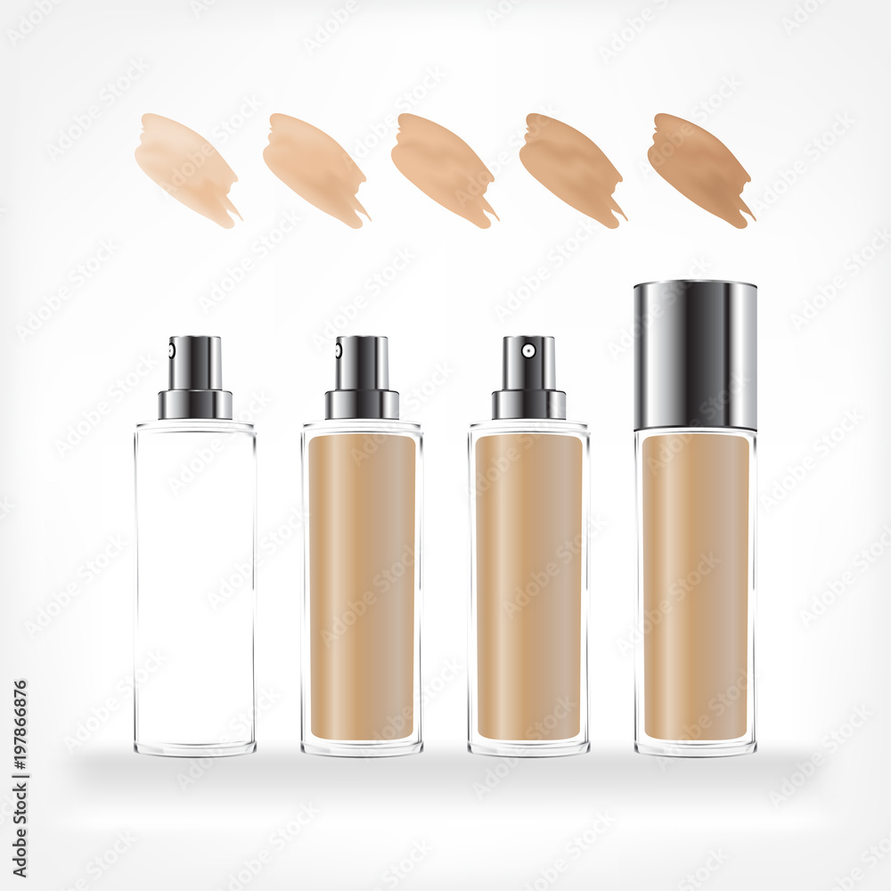 Foundation cream container isolated on white background. Cosmetic glass bottle (transparent). Beauty product package, vector illustration.