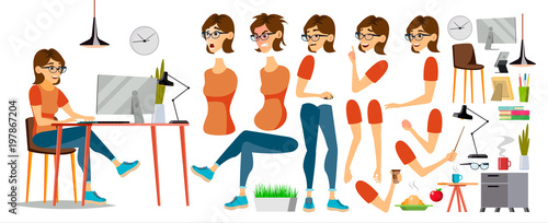 Business Woman Character Vector. Working Female Girl. Clerk Working At Office Desk. Animation Set. Attractive Lady. Emotions. Cartoon Illustration