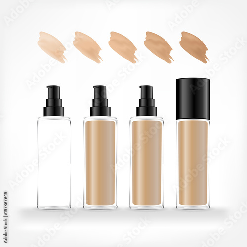 Foundation cream container isolated on white background. Cosmetic glass bottle (transparent). Beauty product package, vector illustration.