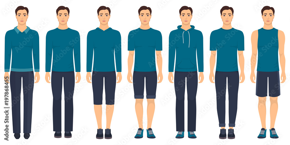 Fototapeta premium Young man standing in full growth in different clothes, formal, business, everyday, sports. Man in elegant and casual clothes. Basic wardrobe in two colors. Vector illustration, isolated.
