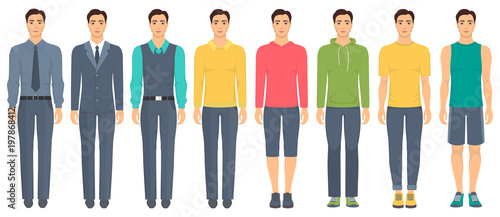 Young man standing in full growth in different clothes, formal, business, everyday, sports. Man in elegant and casual clothes. Basic wardrobe. Vector illustration, isolated.