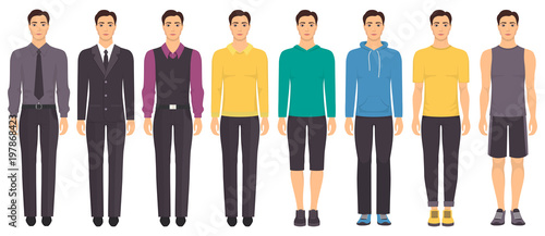 Young man standing in full growth in different clothes  formal  business  everyday  sports. Man in elegant and casual clothes. Basic wardrobe. Vector illustration  isolated.